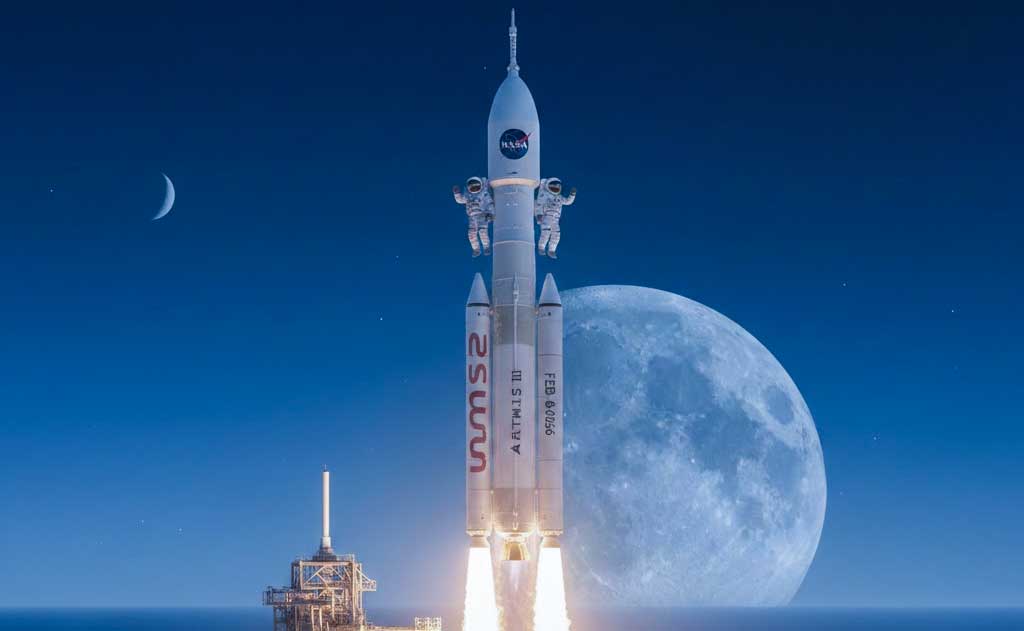 NASA Artemis II crewed Moon mission using SLS rocket and Orion spacecraft launching February 2026