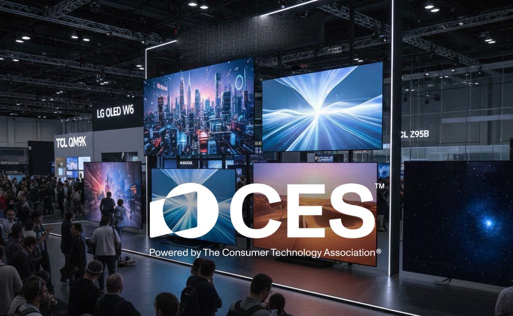 Best TVs from CES 2026 including Samsung Micro RGB, LG OLED W6 and G6, TCL QM9K Mini-LED, and Panasonic Z95B displayed at the Las Vegas show floor