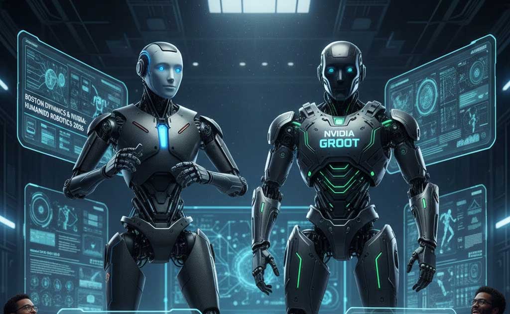 Boston Dynamics Atlas electric humanoid robot powered by NVIDIA Gr00t AI demonstrated at CES 2026, showcasing advanced humanoid robotics for factories and real-world tasks.