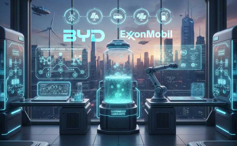 BYD and ExxonMobil executives signing a long-term MoU focused on hybrid vehicle technology, advanced lubricants, and energy transition strategies in 2026