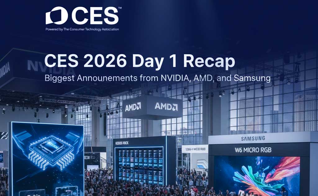 CES 2026 Day 1 highlights featuring NVIDIA Rubin AI platform, AMD Ryzen AI processors, LG OLED TVs, and Samsung Micro RGB displays