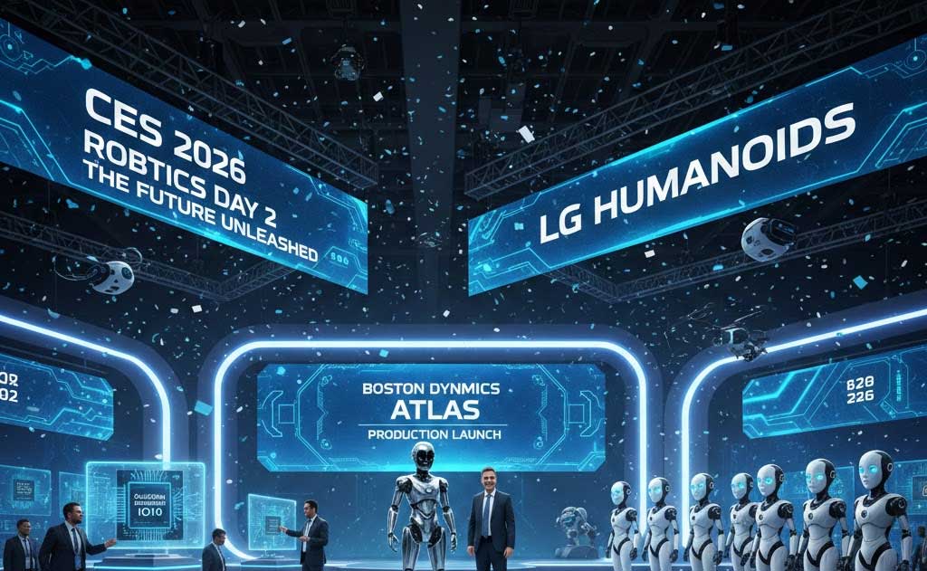 Humanoid robots showcased on CES 2026 Day 2 including Boston Dynamics Atlas and LG CLOiD