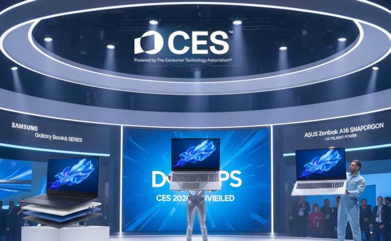 Hands-on laptop demos on the CES 2026 Day 2 show floor in Las Vegas