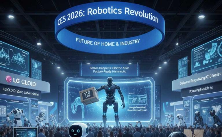 Humanoid robots at CES 2026 including LG CLOiD home assistant, Boston Dynamics electric Atlas, and Qualcomm-powered humanoids showcased in Las Vegas