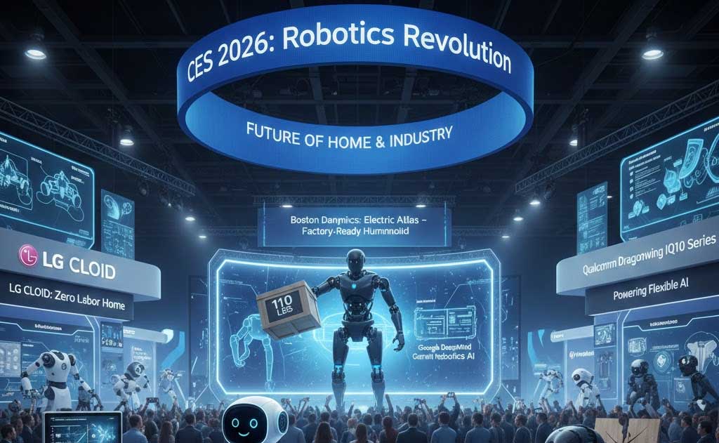 Humanoid robots at CES 2026 including LG CLOiD home assistant, Boston Dynamics electric Atlas, and Qualcomm-powered humanoids showcased in Las Vegas