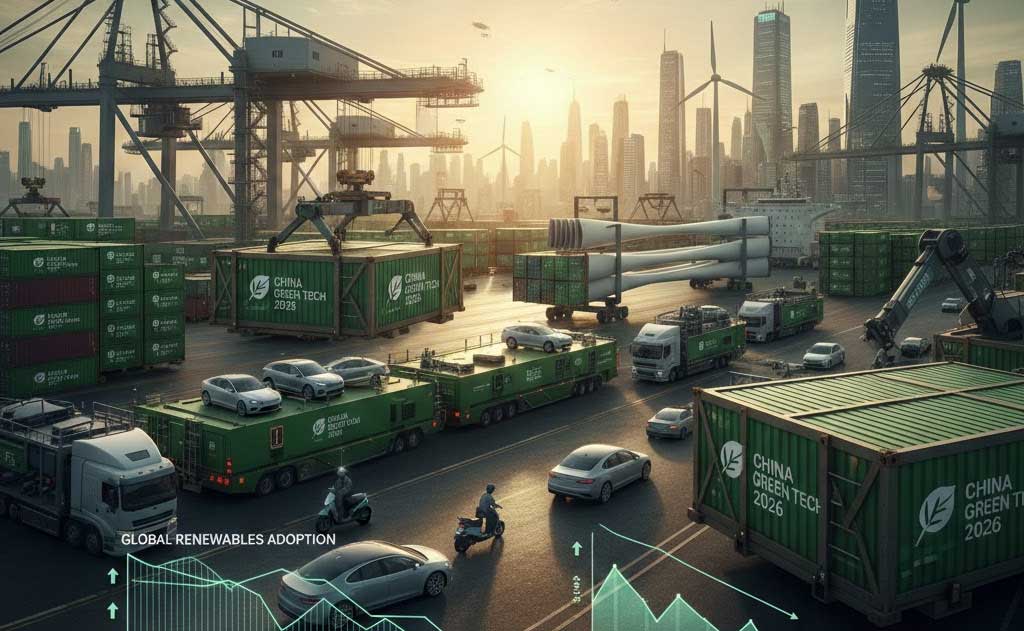 China’s green tech export tsunami in 2026 accelerating global adoption of renewable energy, batteries, and electric vehicles