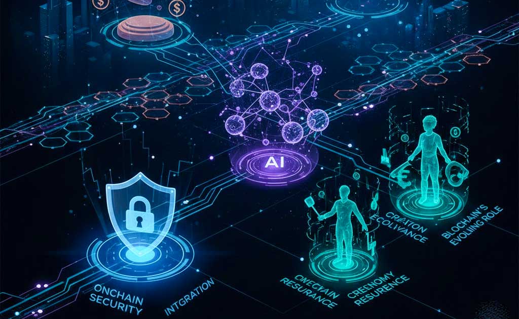 Crypto trends 2026 showing onchain security, AI-powered blockchain, and creator economy growth