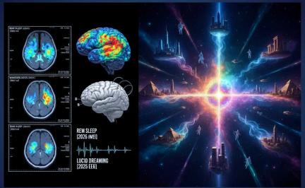 Conceptual illustration of human consciousness exploring parallel realities during dreaming, visualizing the scientific debate about dream origins in 2026