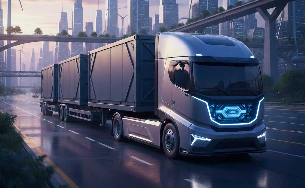 Electric trucks operating at a logistics hub reducing freight emissions in 2026