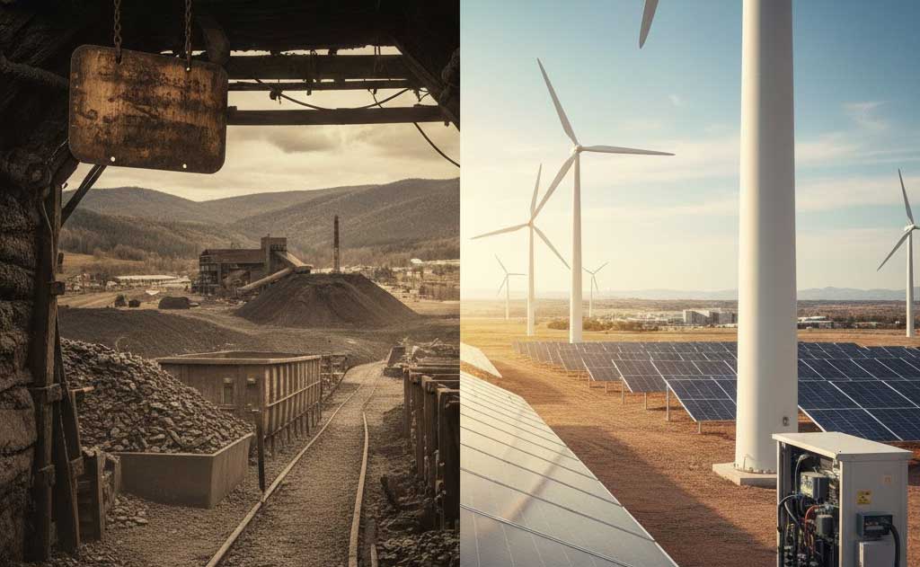 Energy job transition from coal mining to solar farms and renewable energy careers in the United States