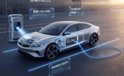Geely solid-state battery pack showcasing next-generation EV technology with 400 Wh/kg energy density and extended driving range potential