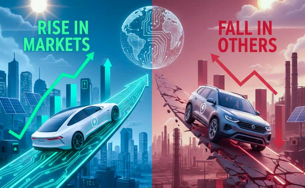 Global EV market divergence in 2026 showing US slowdown, China dominance, Europe mixed trends, and rapid EV growth in India and emerging markets