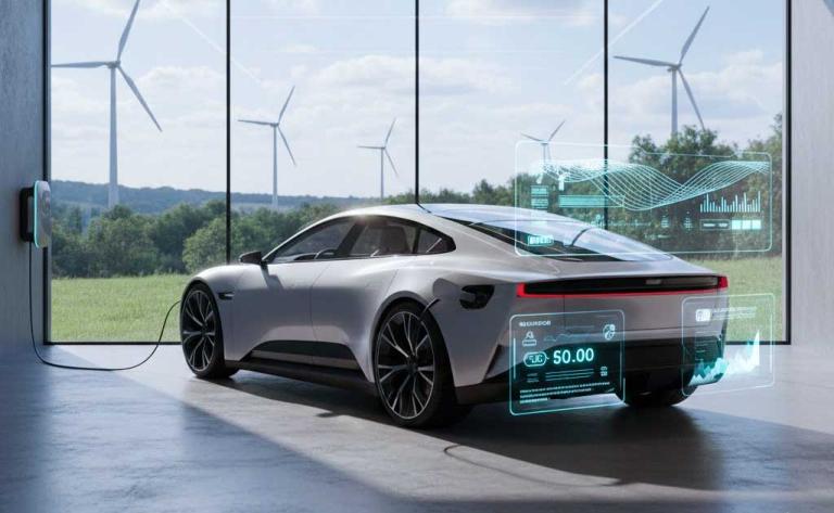 Google AI powering electric vehicles and green energy in 2026, showing smart EV charging, renewable energy grids, and Gemini AI assistants optimizing sustainability.
