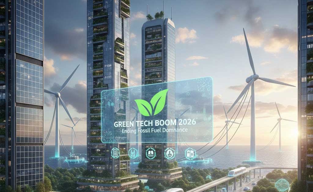 Green tech boom 2026 showing solar panels, wind turbines, batteries, EVs, hydrogen systems, and AI-powered smart grids replacing fossil fuels