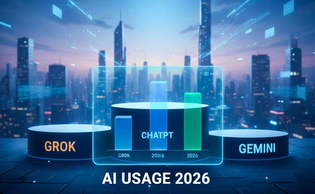 Comparison of Grok, ChatGPT, and Google Gemini showing AI usage trends among Americans in 2026