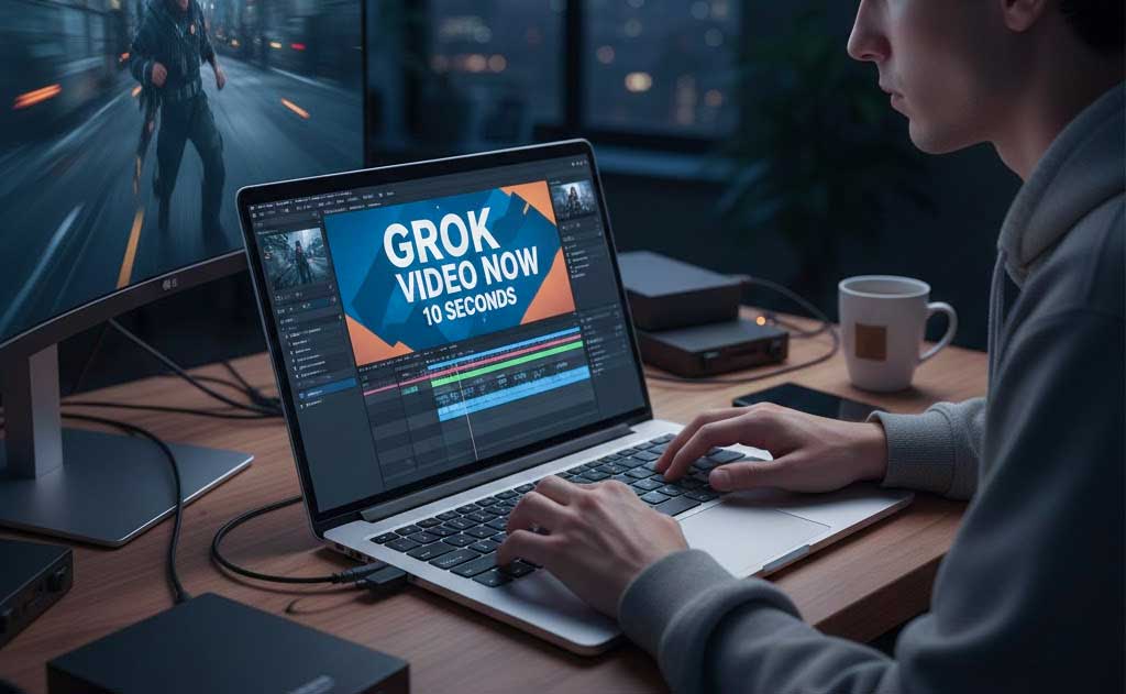 Grok Imagine AI generating a 10-second cinematic video with synced audio and dialogue in January 2026