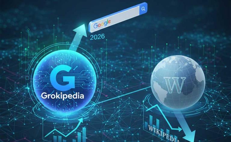 Grokipedia ranking above Wikipedia in Google search results during 2026 AI search shift