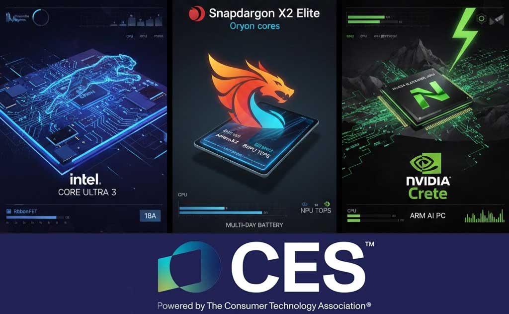 CES 2026 chip wars showcasing Intel Panther Lake, Qualcomm Snapdragon X2, Nvidia AI, and AMD Ryzen processors powering next-generation laptops