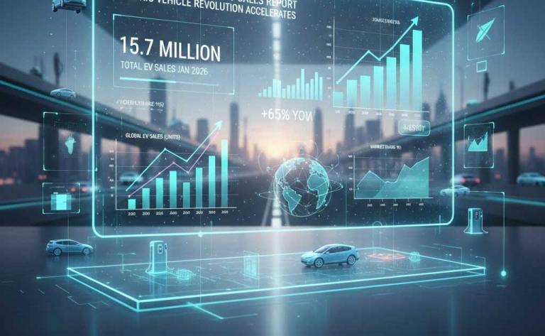 Global electric vehicle sales growth across China, the US, Europe, and India in January 2026