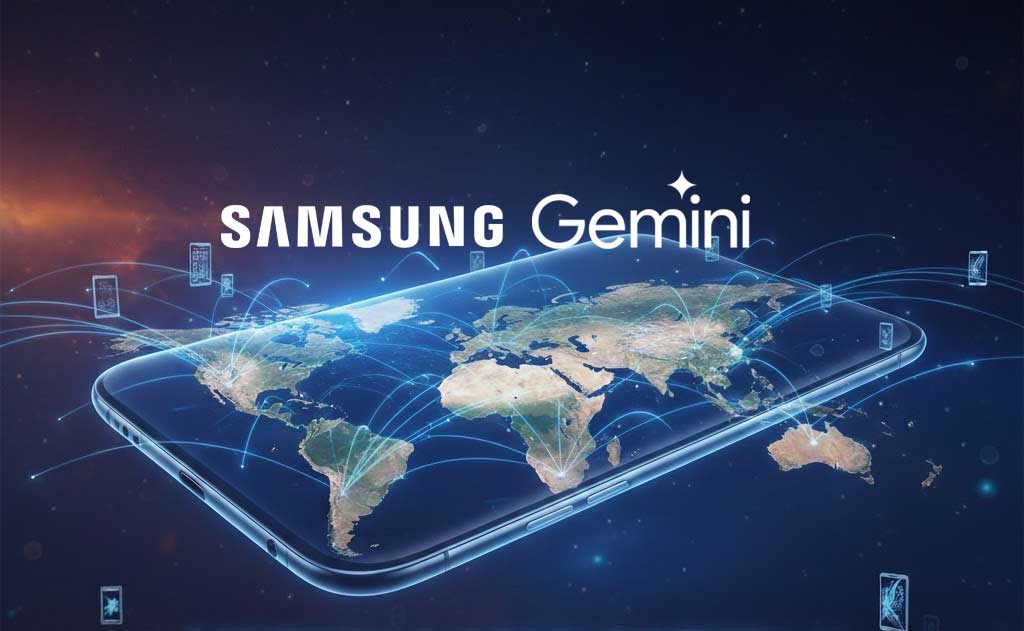 Samsung smartphones showcasing Google Gemini generative AI features across flagship and budget devices as AI expands to 800 million users in 2026