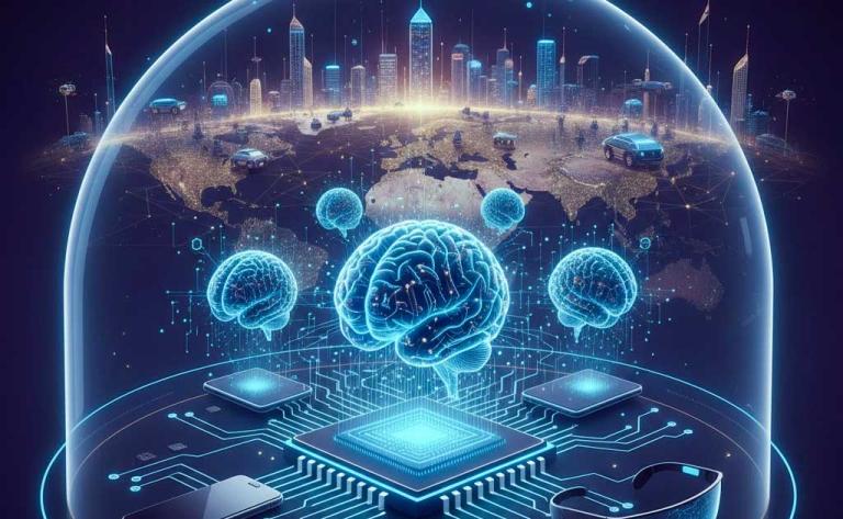 Visualization of small language models and edge AI running efficiently on devices like smartphones, IoT hardware, and enterprise systems in 2026