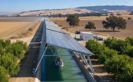 Solar panels installed over irrigation canals in California under Project Nexus, reducing water evaporation and generating clean energy in 2026