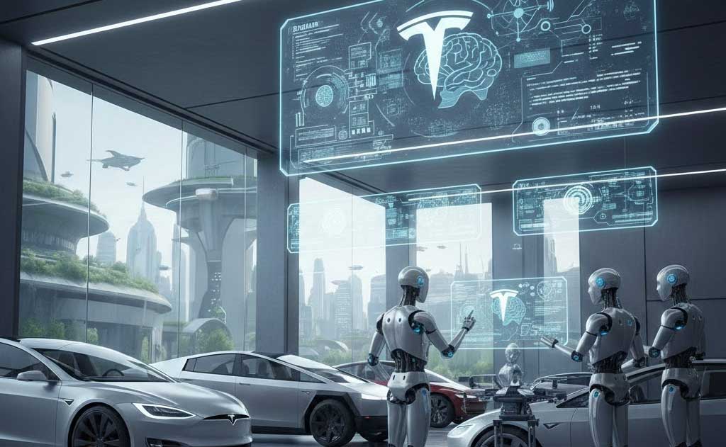 Tesla vehicles, humanoid Optimus robot, neural network visuals, and AI data streams representing Tesla’s shift from automaker to AI-first company in 2026