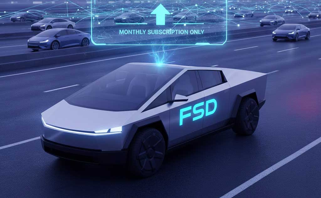 Tesla electric vehicle driving autonomously on a city road symbolizing Tesla’s decision to end one-time Full Self-Driving purchases and shift to a subscription-only FSD model after February 14, 2026.