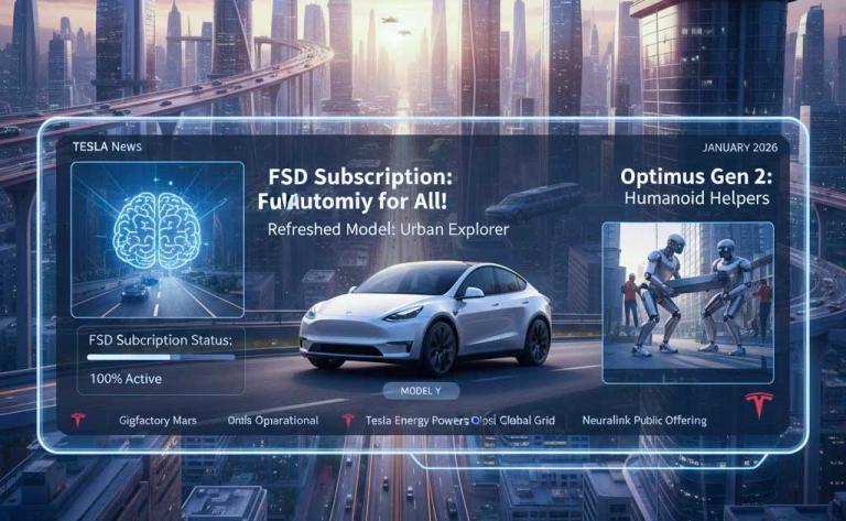 Tesla news January 2026 covering FSD subscription-only shift, 7-seat Model Y launch, delivery challenges, lithium refinery, and Optimus robot hype