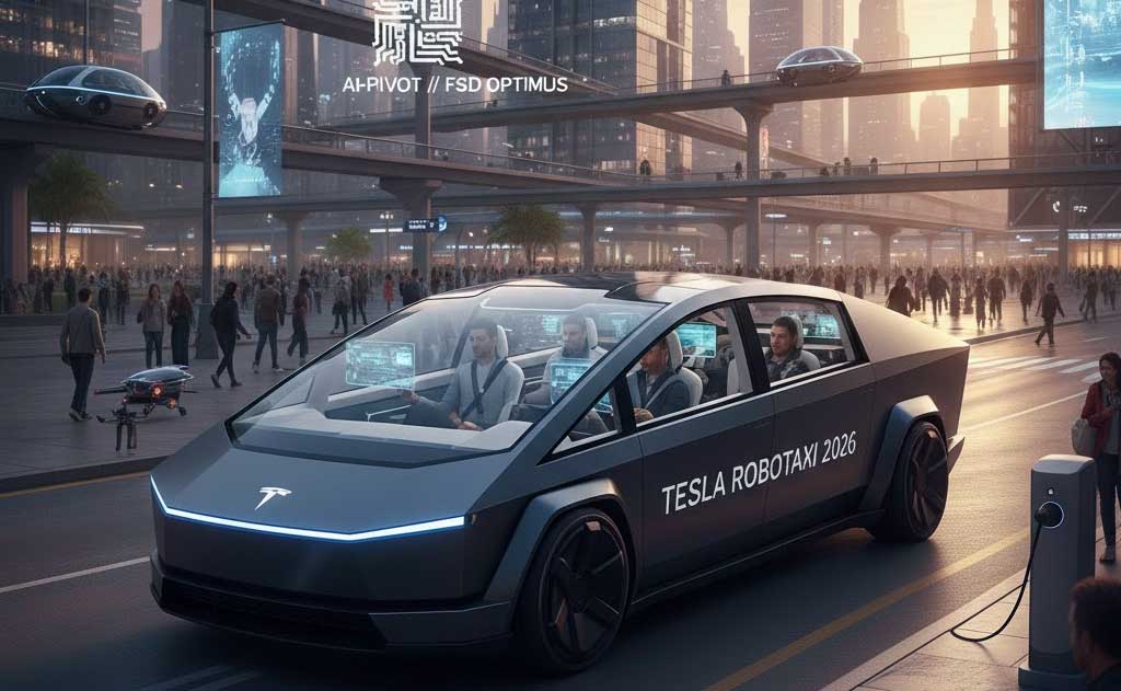 Tesla Robotaxi 2026 showcasing Cybercab autonomous vehicle, FSD AI visualization, Optimus humanoid robot, and AI-powered energy systems