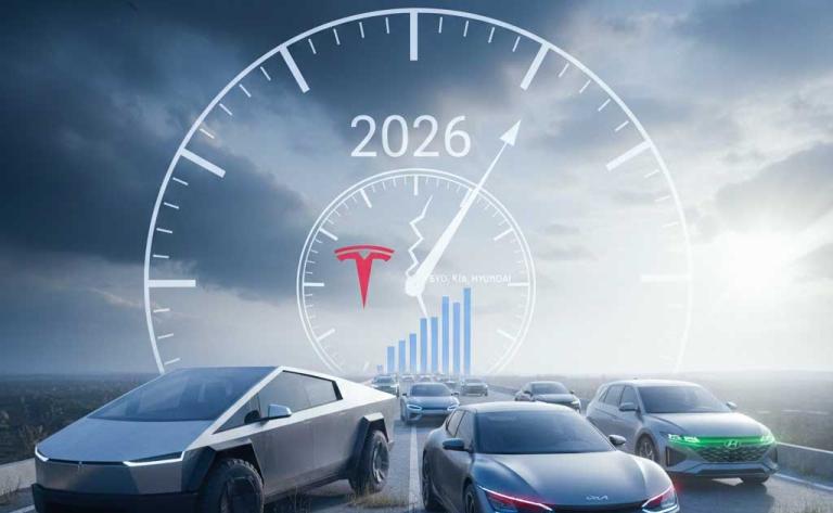 Comparison of Tesla and BYD electric vehicles illustrating shifting EV market leadership and rising competition in 2026