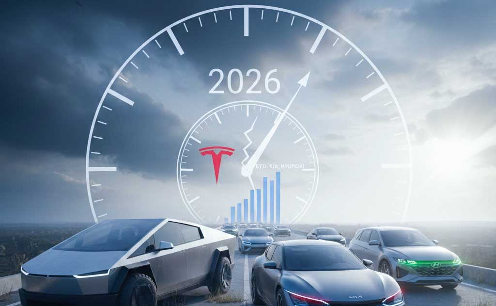Comparison of Tesla and BYD electric vehicles illustrating shifting EV market leadership and rising competition in 2026
