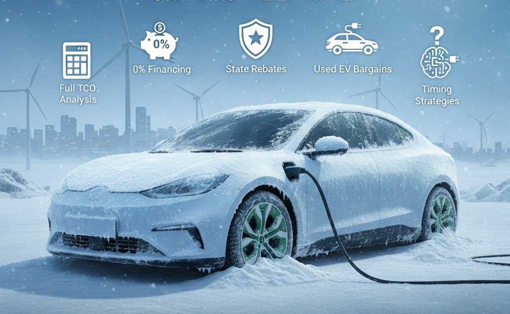 US EV buyer guide 2026 showing EV winter strategies, total cost of ownership, used EV deals, and 0 percent financing options