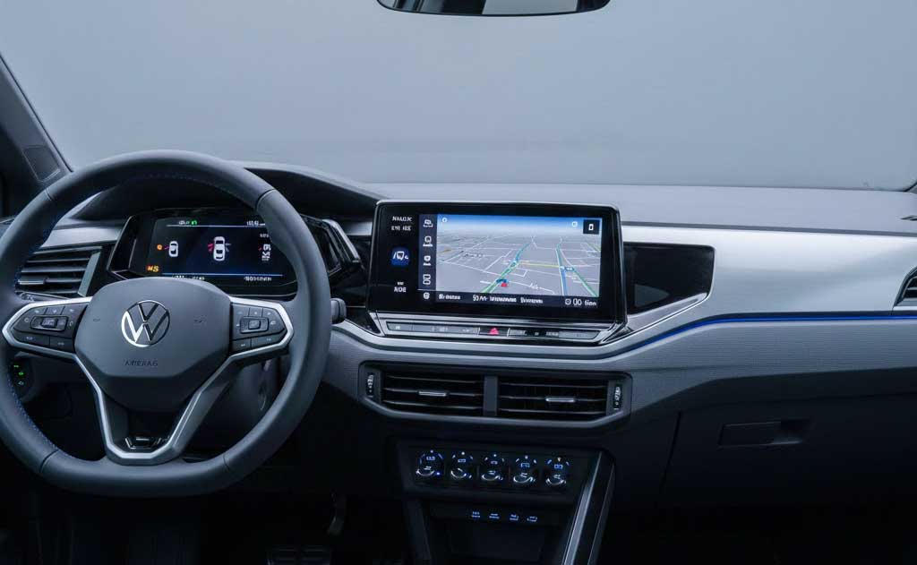 Interior of the 2026 Volkswagen ID. Polo showcasing physical buttons, rotary knobs, and a driver-focused EV cockpit design