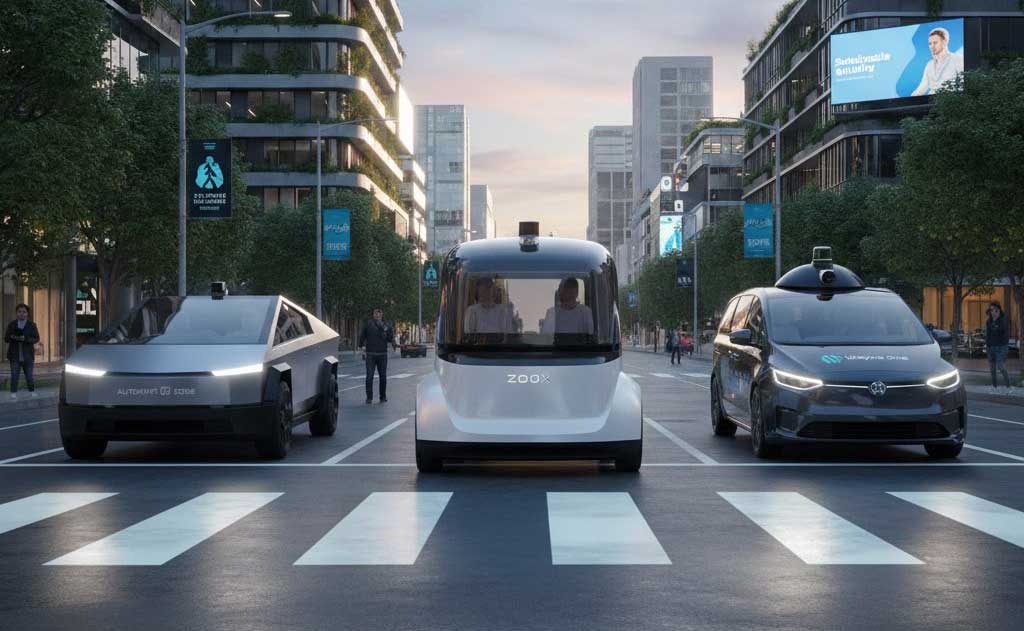 Zoox robotaxi compared with Tesla and Waymo at CES 2026 in Las Vegas