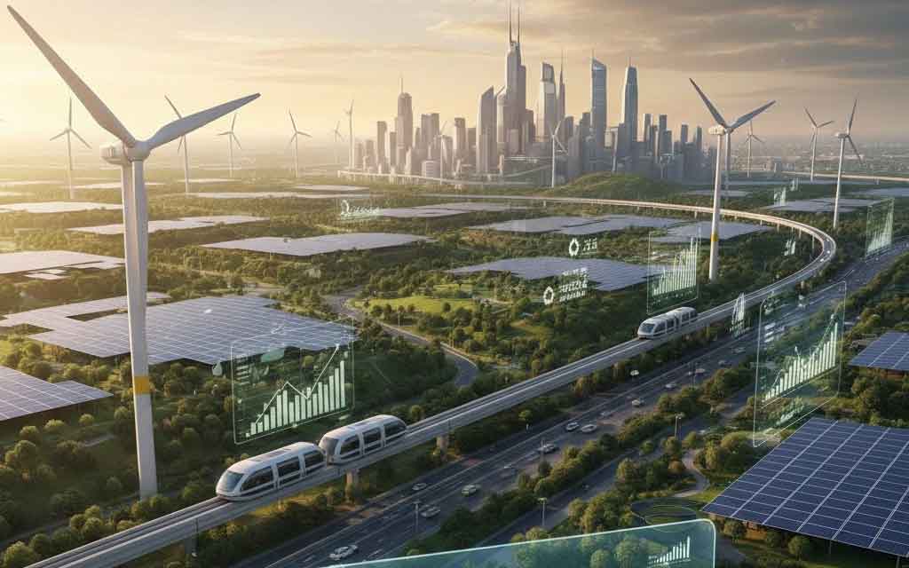 Wind turbines, solar panels, and battery storage systems representing the $2.3 trillion global clean energy investment boom in 2026