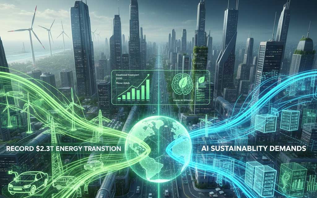 Infographic showing AI data centers powered by renewables, grid infrastructure, and battery storage representing the 2026 green tech and energy transition turning point
