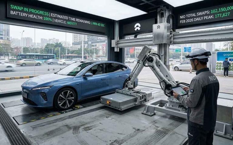 EV battery swapping station in 2026 showing automated fast battery replacement system