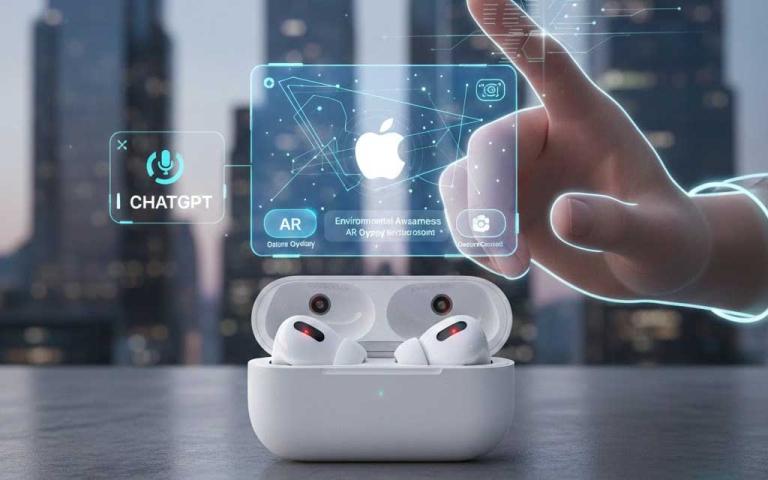 True wireless earbuds with embedded micro camera sensors designed for AI-powered spatial awareness in 2026