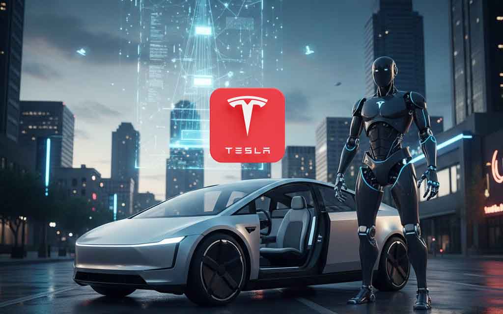 Tesla Robotaxi fleet, Optimus humanoid robot, and AI Dojo data center concept representing Tesla’s 2026 autonomy and AI investment strategy