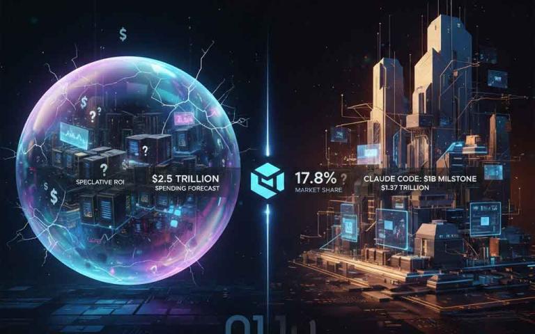 AI industry growth chart showing $2.5 trillion spending forecast alongside Grok market share surge and Claude Code $1B milestone in 2026