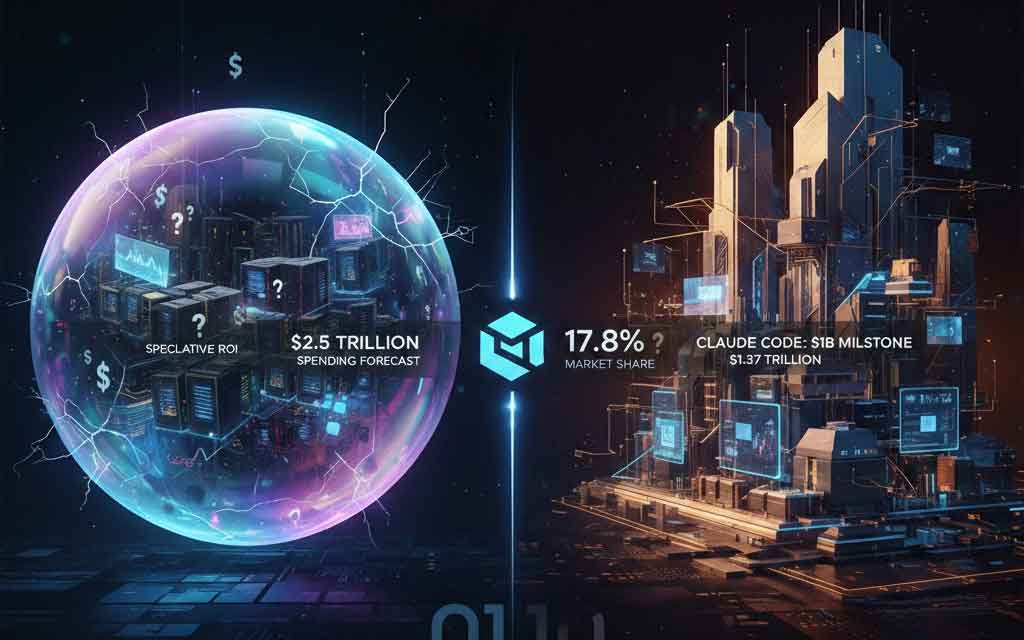 AI industry growth chart showing $2.5 trillion spending forecast alongside Grok market share surge and Claude Code $1B milestone in 2026