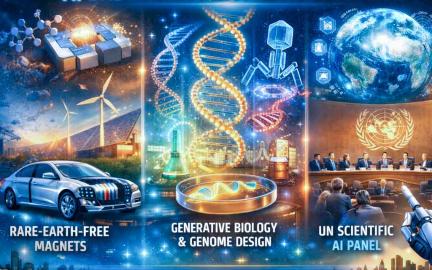 AI breakthroughs February 2026 featuring rare earth free magnets genome design and UN AI panel