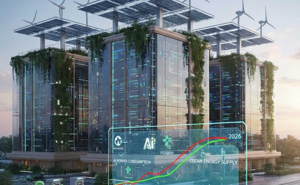 AI data centers powered by clean energy in 2026, showcasing renewable power, water-free cooling, and greentech solutions supporting the AI boom