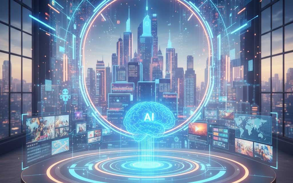 Business owner using AI-powered video editing software to create personalized digital marketing content in 2026