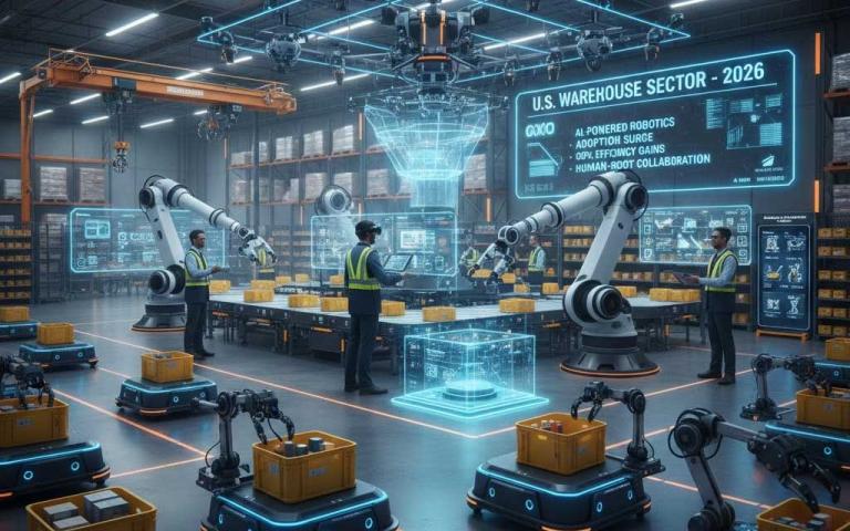 Autonomous mobile robots operating inside a large U.S. warehouse in 2026 using AI-driven navigation and inventory tracking