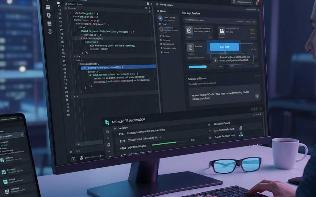 Anthropic Claude Code desktop app showing live app preview and automated GitHub pull request review and merge features