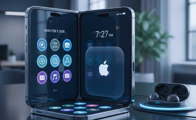 Concept image of Apple clamshell foldable iPhone flip-style device reported by Bloomberg in 2026