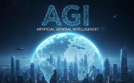 Concept illustration of Artificial General Intelligence (AGI) in 2026 showing advanced AI neural networks, robotics, and global digital transformation.