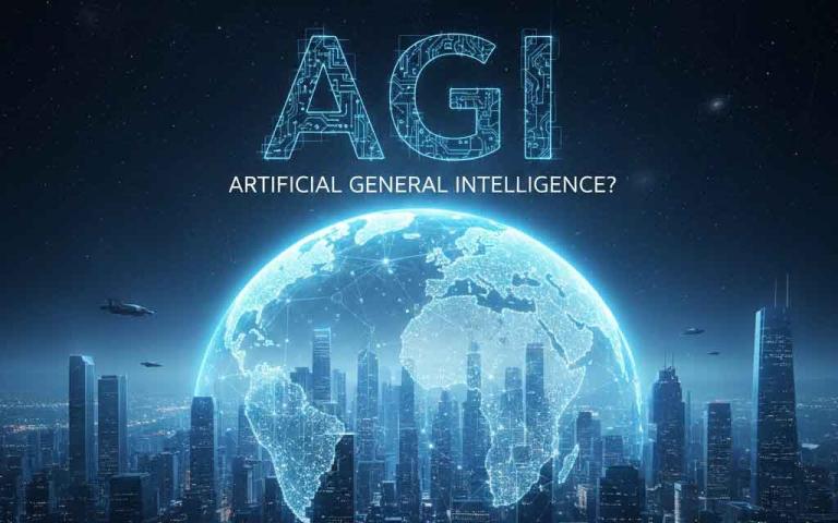 Concept illustration of Artificial General Intelligence (AGI) in 2026 showing advanced AI neural networks, robotics, and global digital transformation.